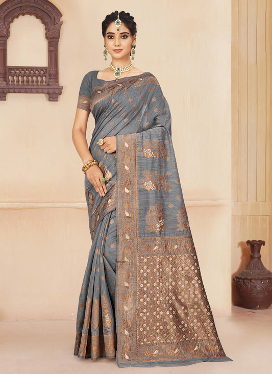 Casual Cotton Silk Grey Embroidered Saree