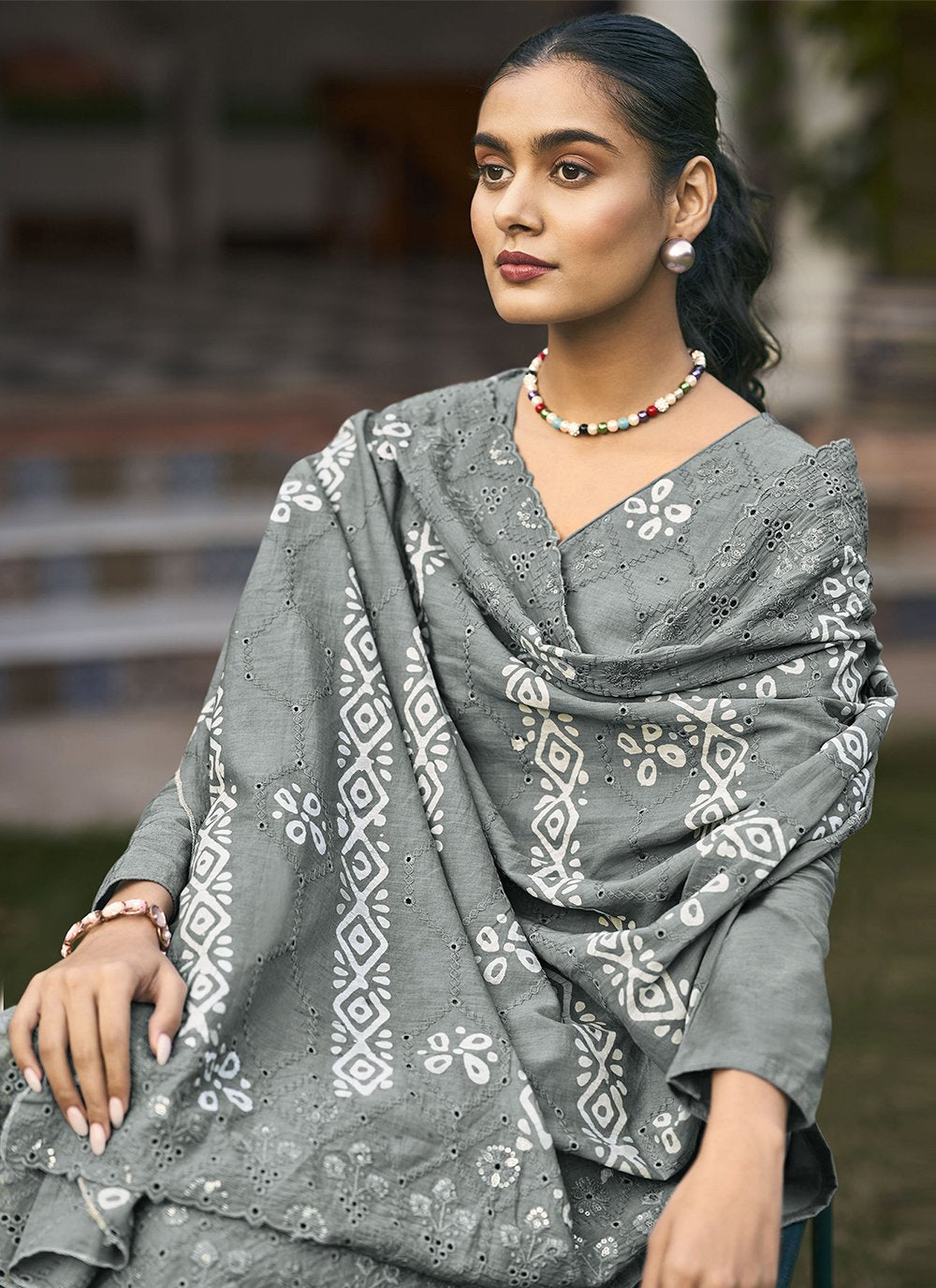 Straight Salwar Suit Cotton Grey Embroidered Salwar Kameez