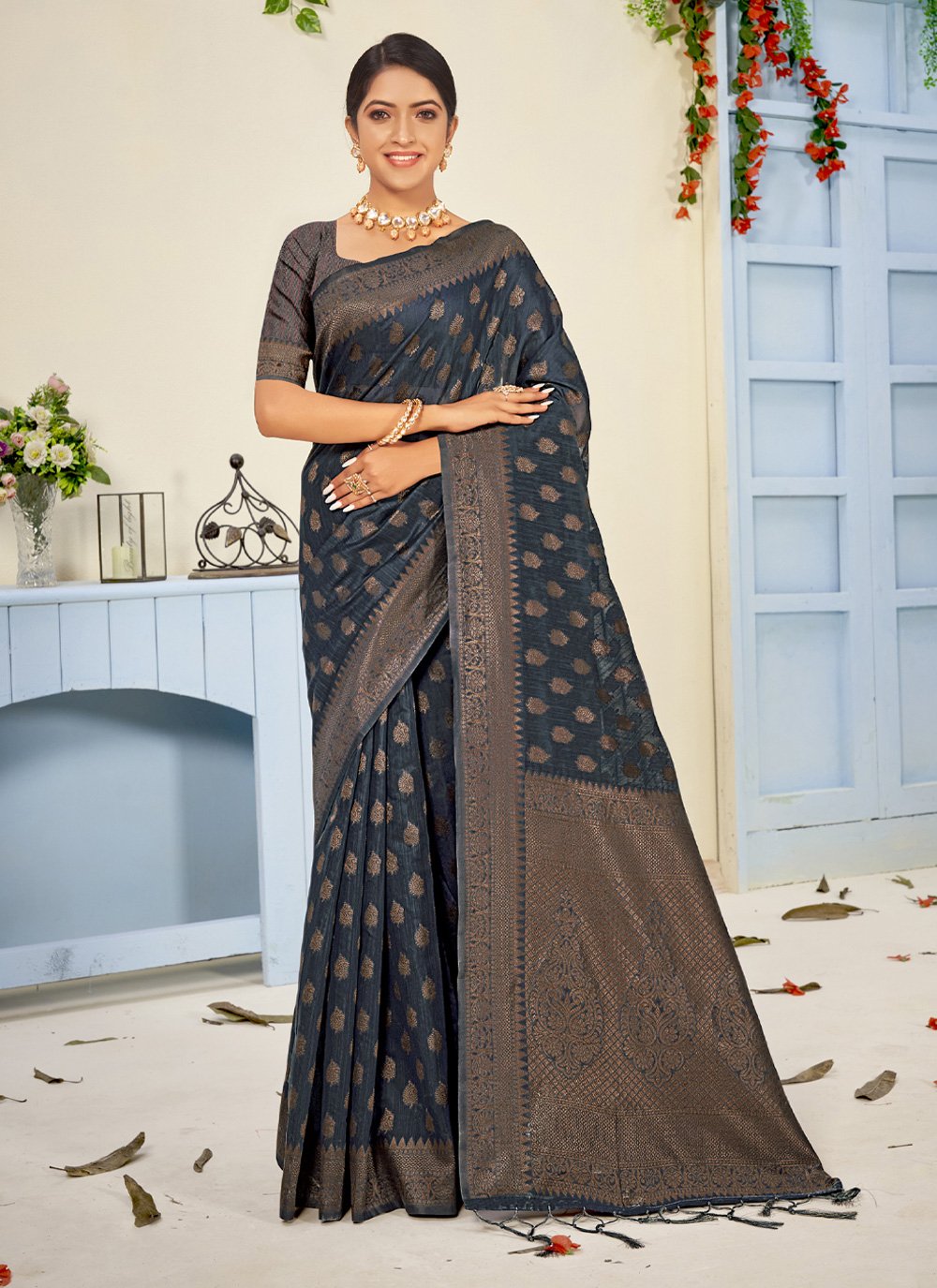 Traditional Saree Cotton Grey Embroidered Saree