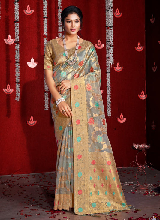 Traditional Saree Organza Grey Embroidered Saree