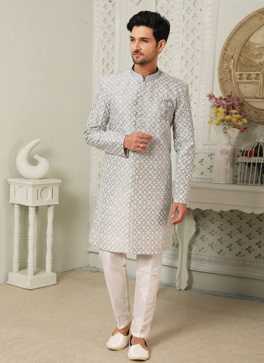 Indo Western Art Silk Grey Embroidered Mens