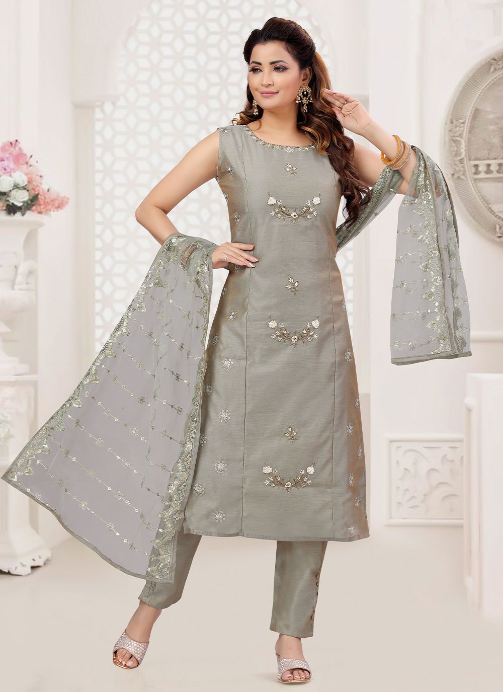 Straight Salwar Suit Art Silk Grey Embroidered Salwar Kameez