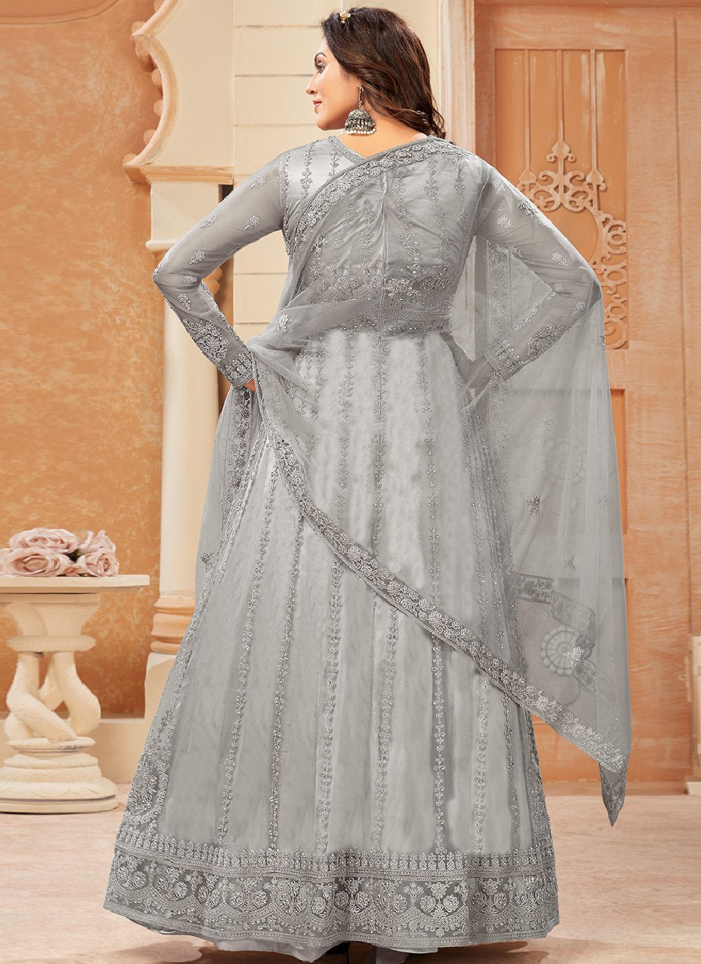 Floor Lenght Salwar Suit Net Grey Embroidered Salwar Kameez