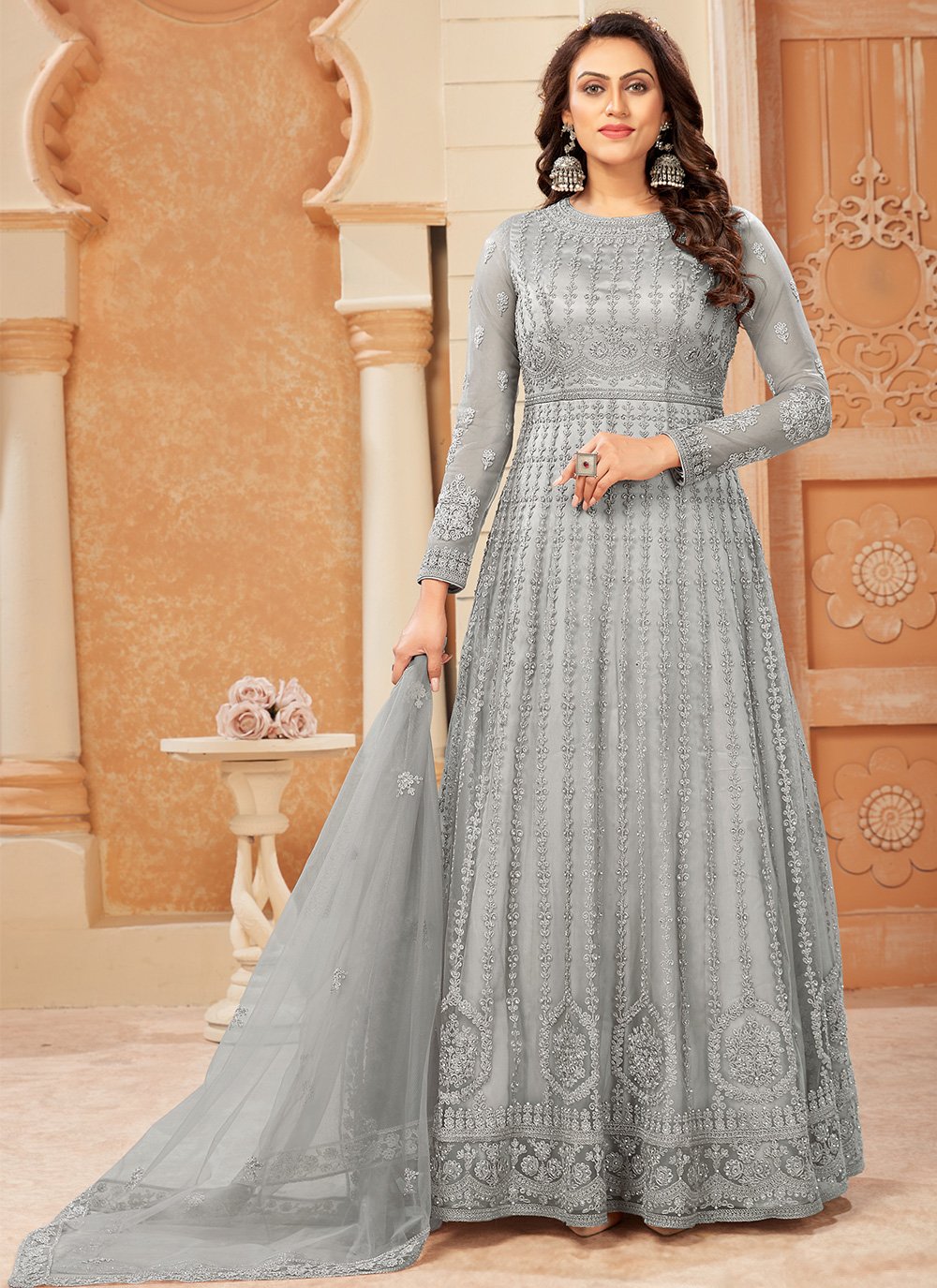 Floor Lenght Salwar Suit Net Grey Embroidered Salwar Kameez