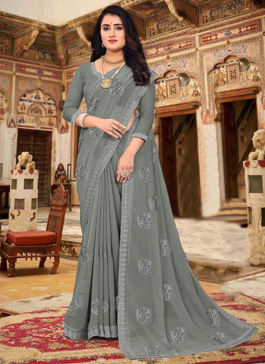 Trendy Saree Georgette Grey Embroidered Saree