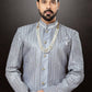 Indo Western Sherwani Jacquard Grey Embroidered Mens