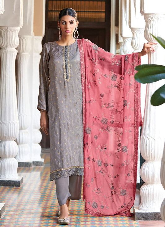 Salwar Suit Jacquard Grey Embroidered Salwar Kameez