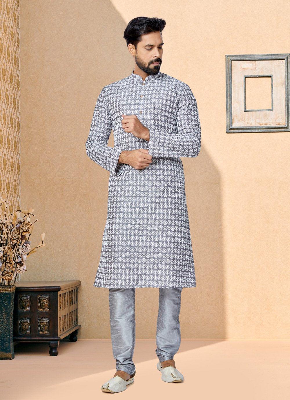 Kurta Pyjama Cotton Silk Grey Embroidered Mens