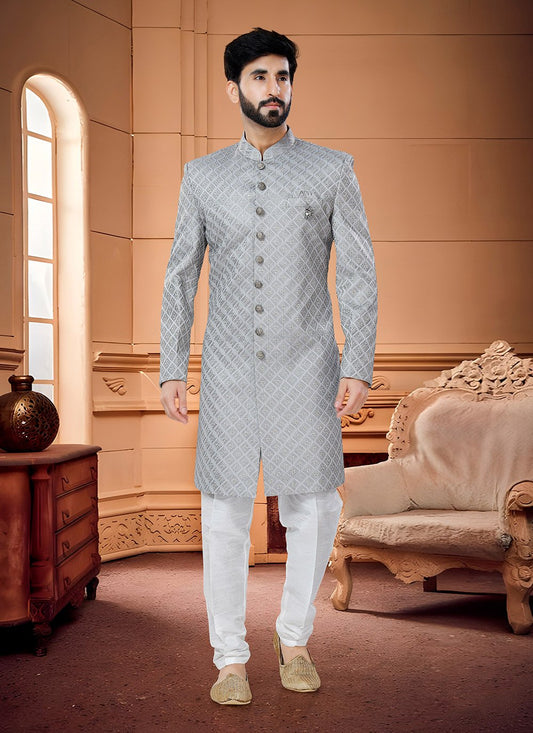 Indo Western Sherwani Silk Grey Embroidered Mens