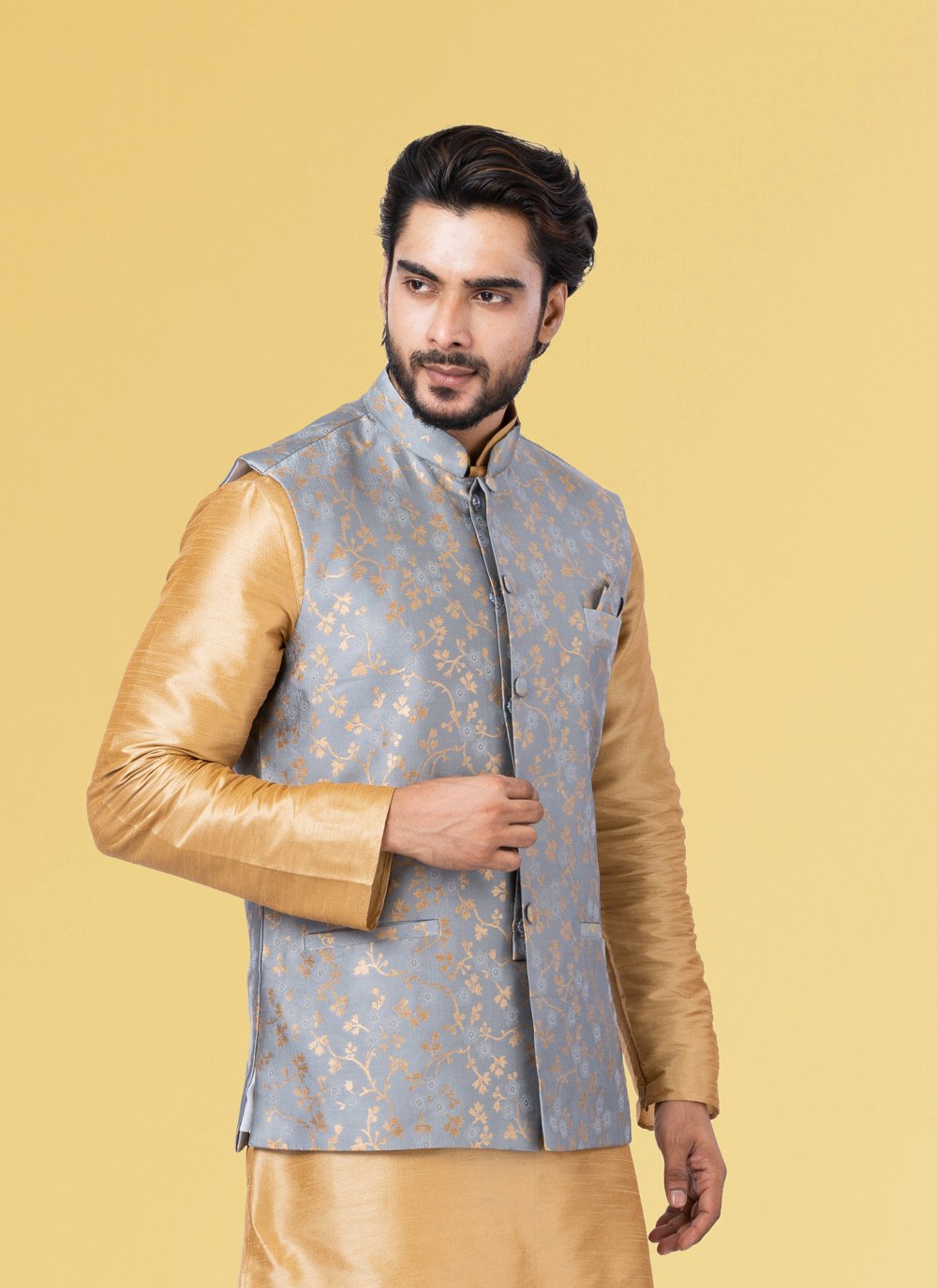 Nehru Jackets Jacquard Silk Grey Embroidered Mens