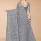 Designer Net Grey Embroidered Saree