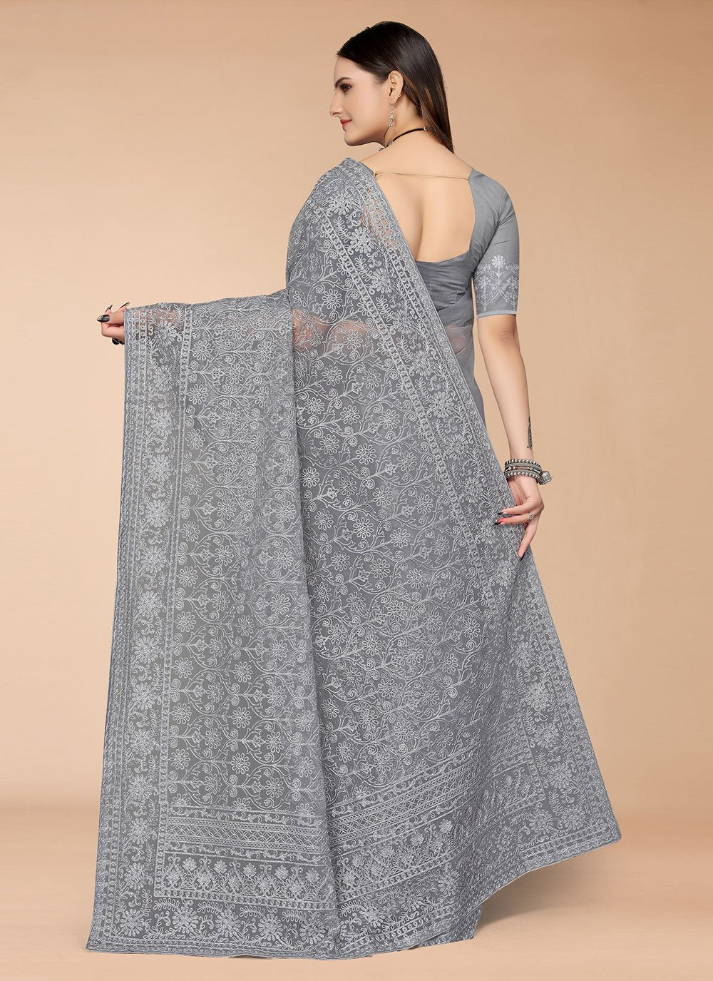 Designer Net Grey Embroidered Saree