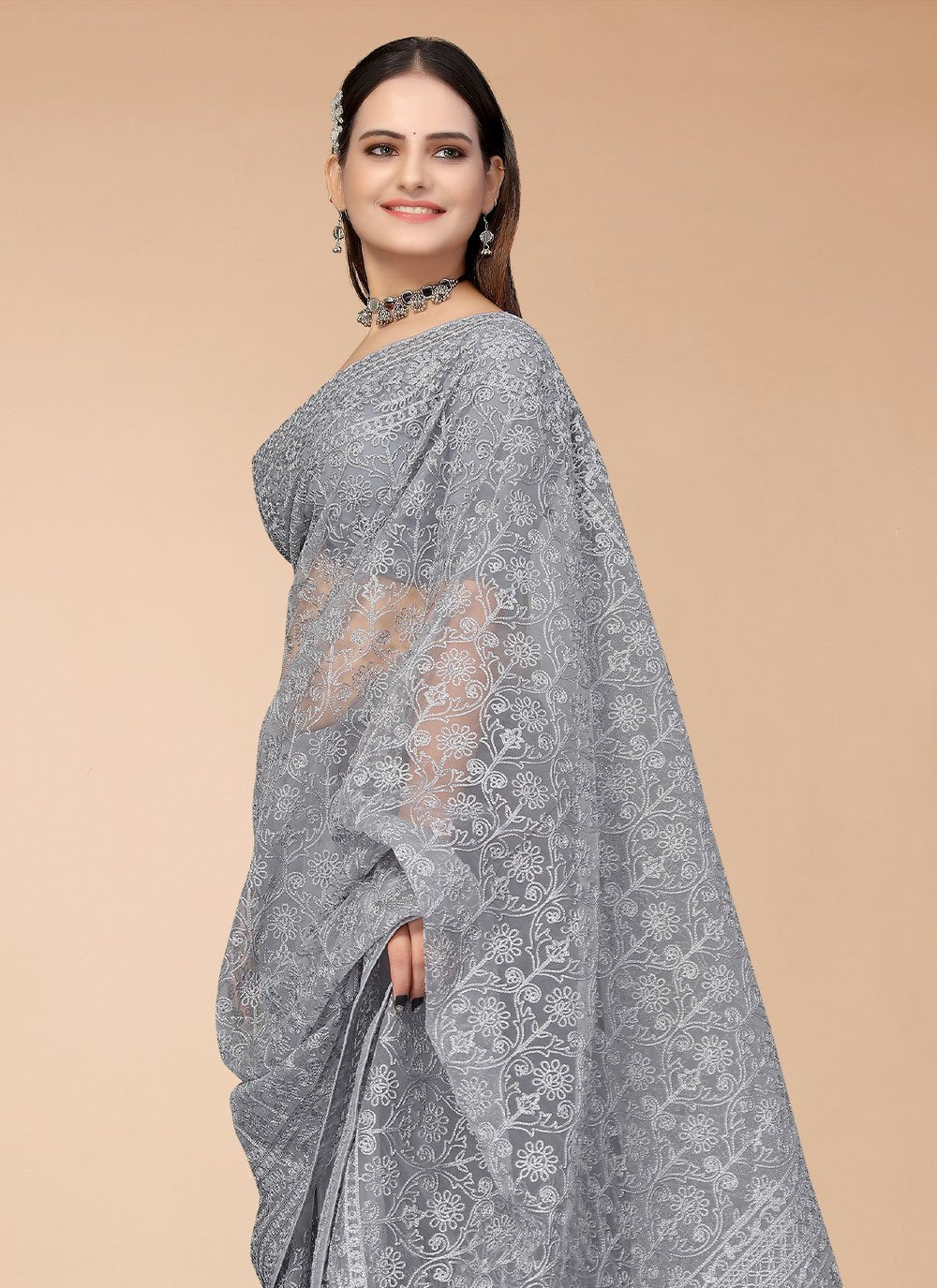 Designer Net Grey Embroidered Saree