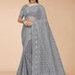 Designer Net Grey Embroidered Saree