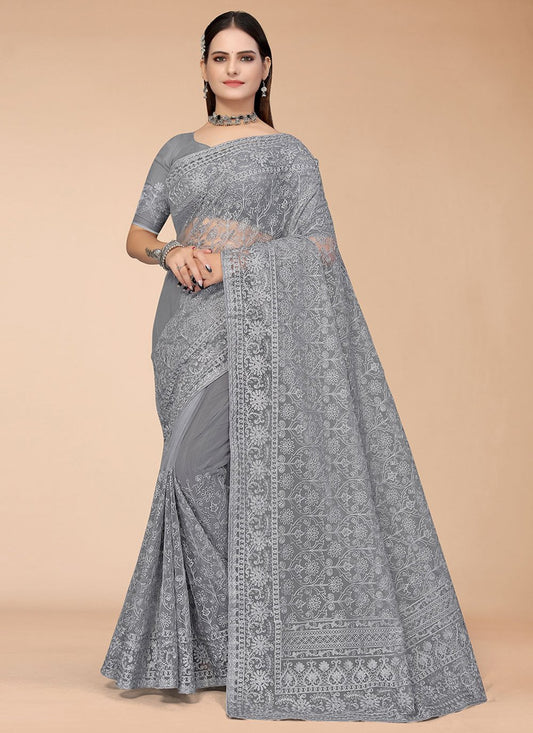 Designer Net Grey Embroidered Saree