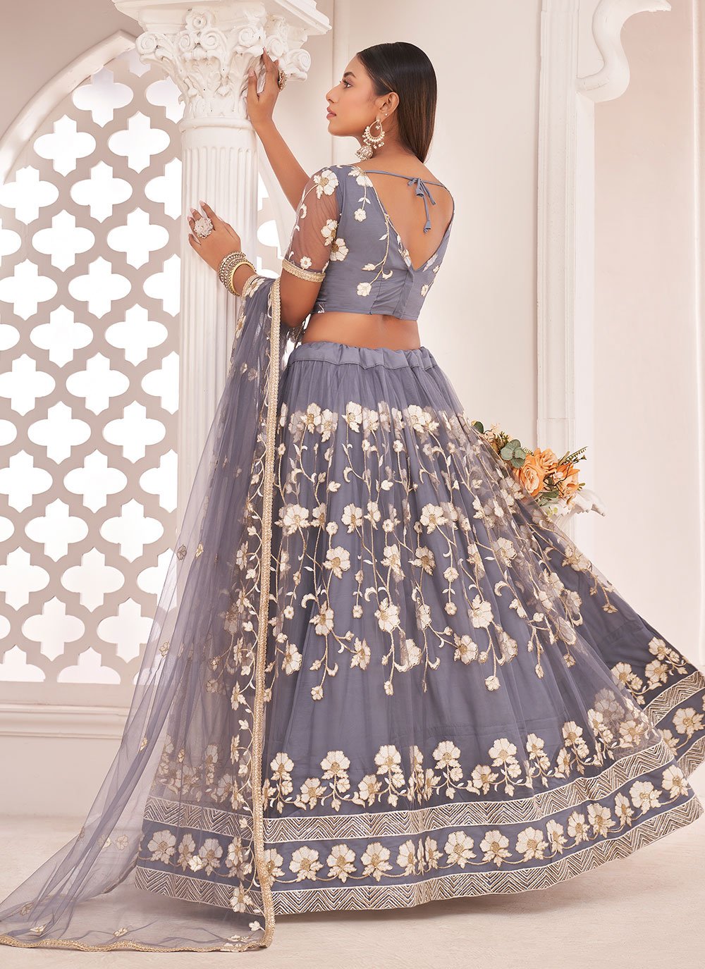 Lehenga Choli Net Grey Embroidered Lehenga Choli