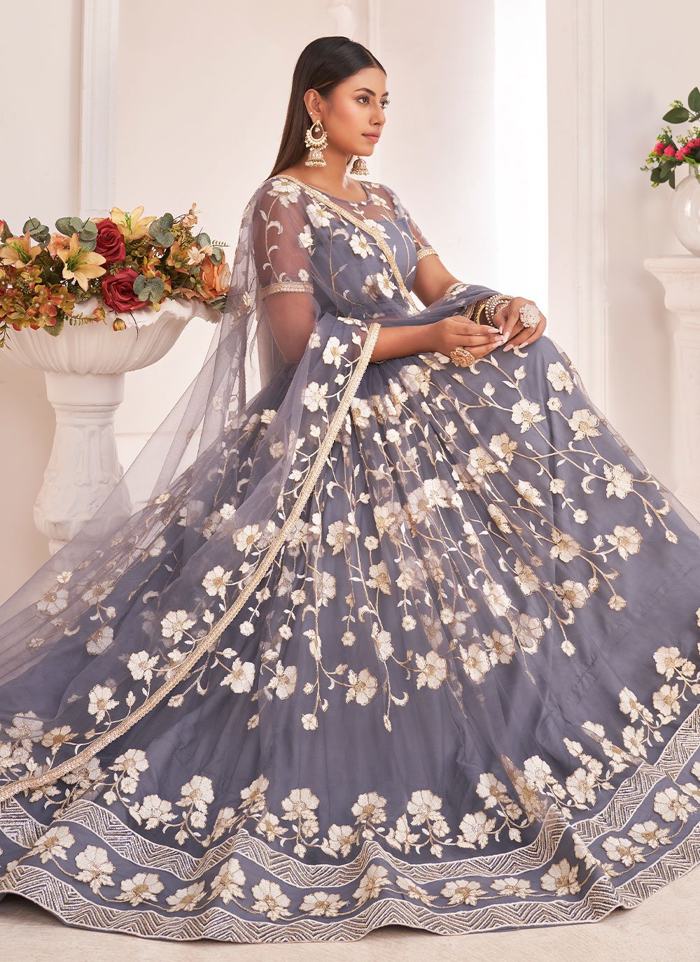 Lehenga Choli Net Grey Embroidered Lehenga Choli