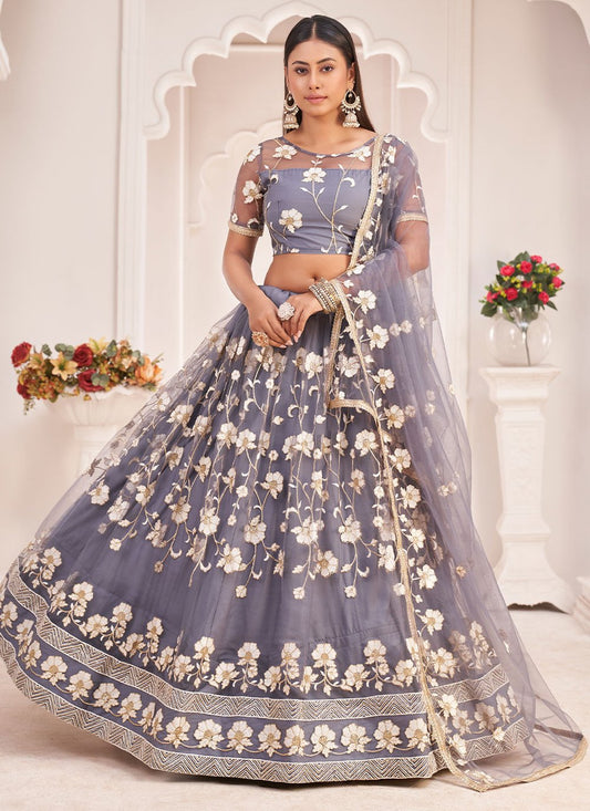 Lehenga Choli Net Grey Embroidered Lehenga Choli