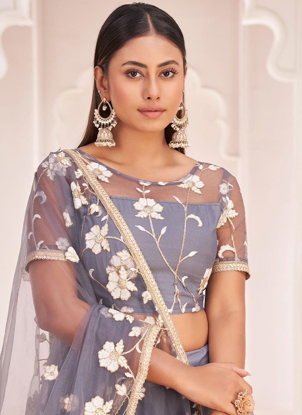 Lehenga Choli Net Grey Embroidered Lehenga Choli