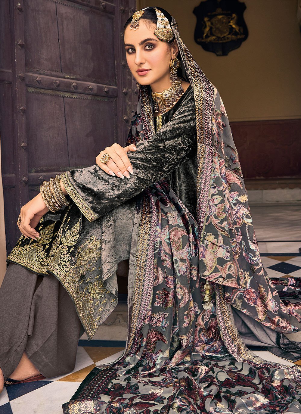 Palazzo Salwar Suit Velvet Grey Embroidered Salwar Kameez