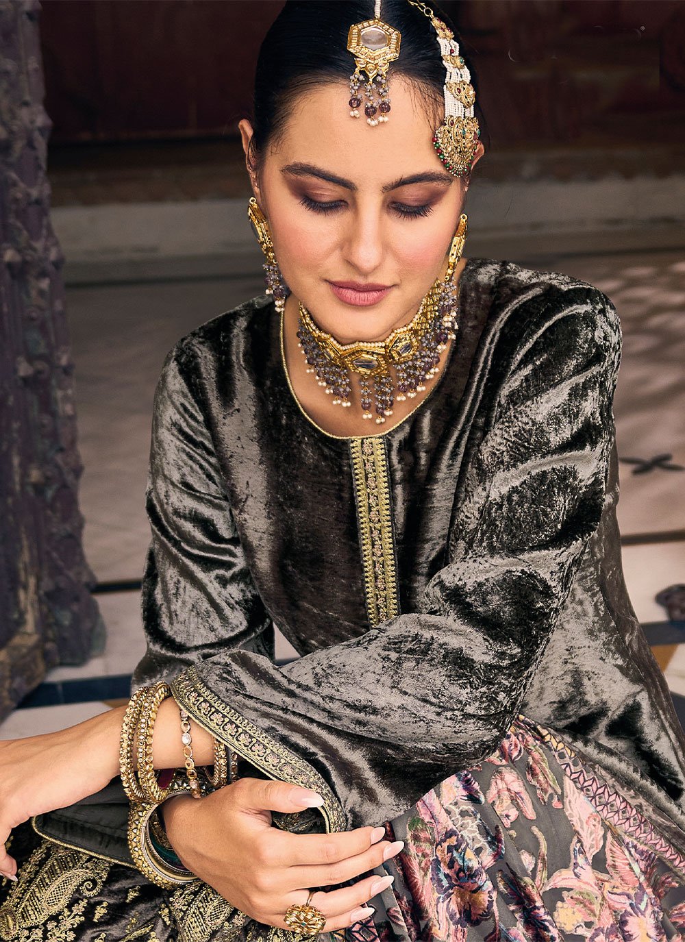 Palazzo Salwar Suit Velvet Grey Embroidered Salwar Kameez