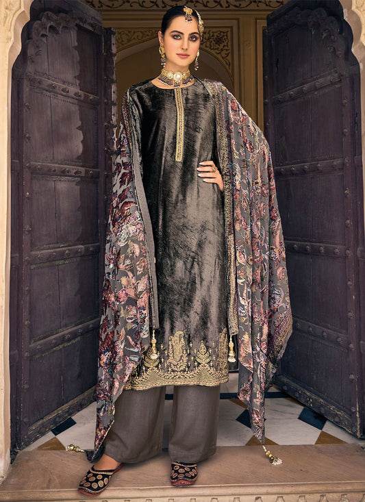 Palazzo Salwar Suit Velvet Grey Embroidered Salwar Kameez