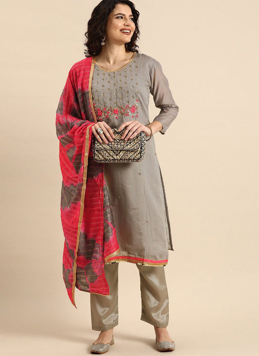 Salwar Suit Silk Grey Embroidered Salwar Kameez