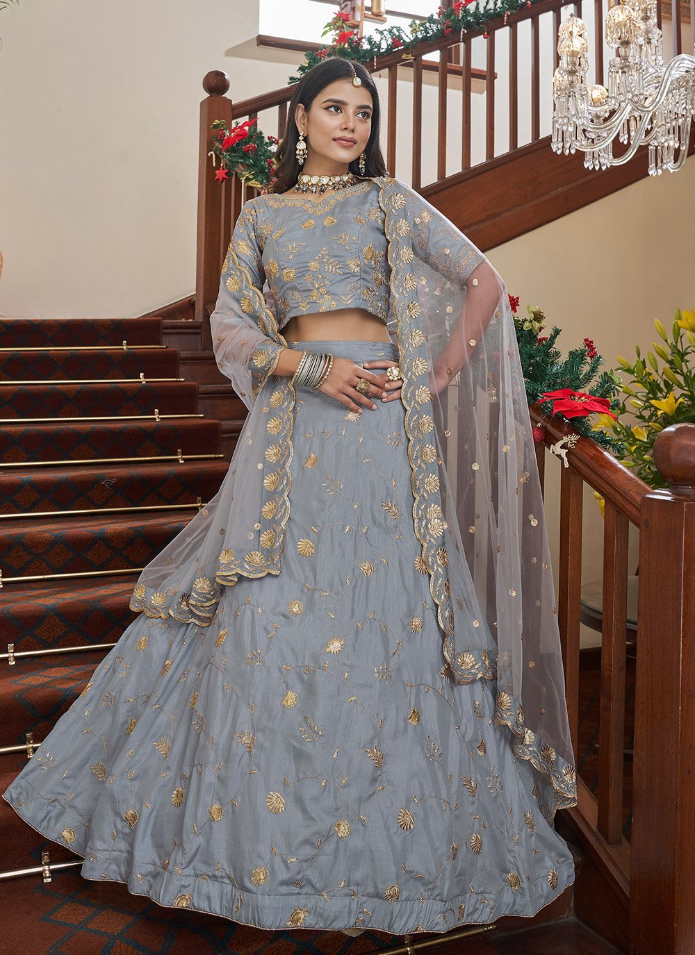 A Line Lehenga Art Silk Grey Embroidered Lehenga Choli