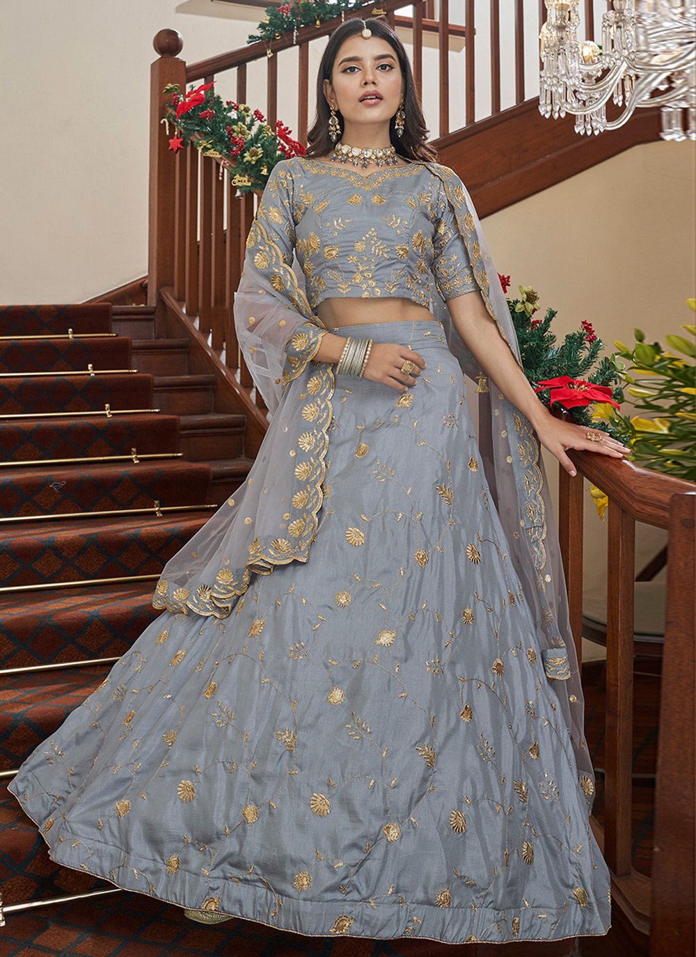 A Line Lehenga Art Silk Grey Embroidered Lehenga Choli