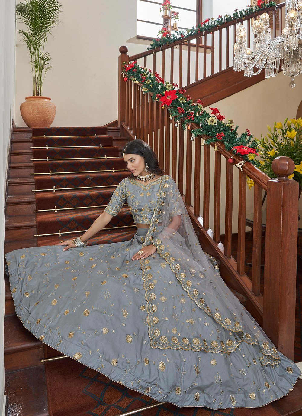 A Line Lehenga Art Silk Grey Embroidered Lehenga Choli