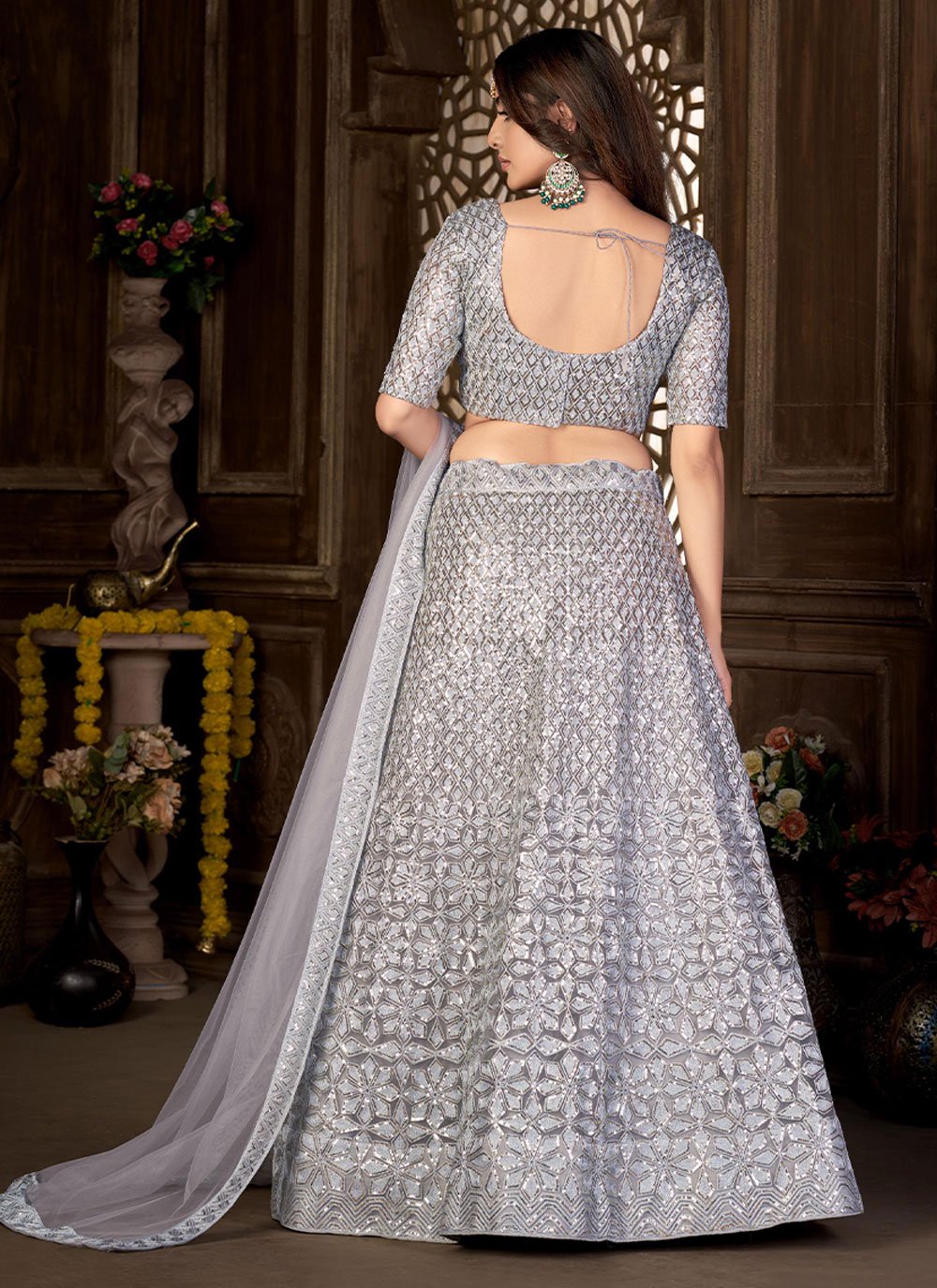 Lehenga Choli Net Grey Embroidered Lehenga Choli