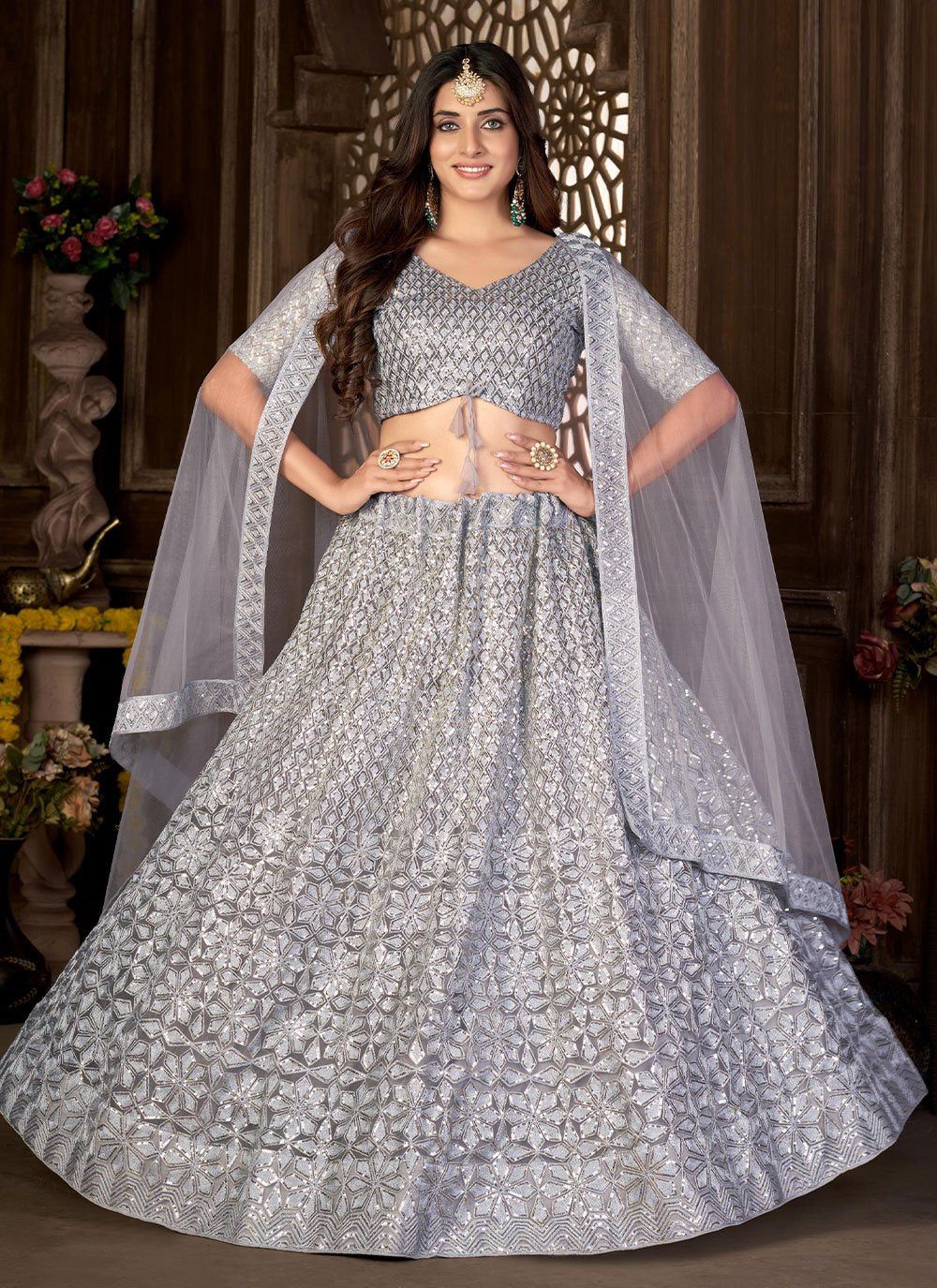 Lehenga Choli Net Grey Embroidered Lehenga Choli