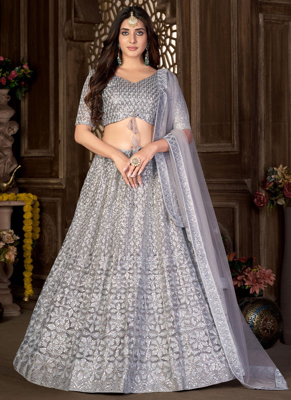 Lehenga Choli Net Grey Embroidered Lehenga Choli