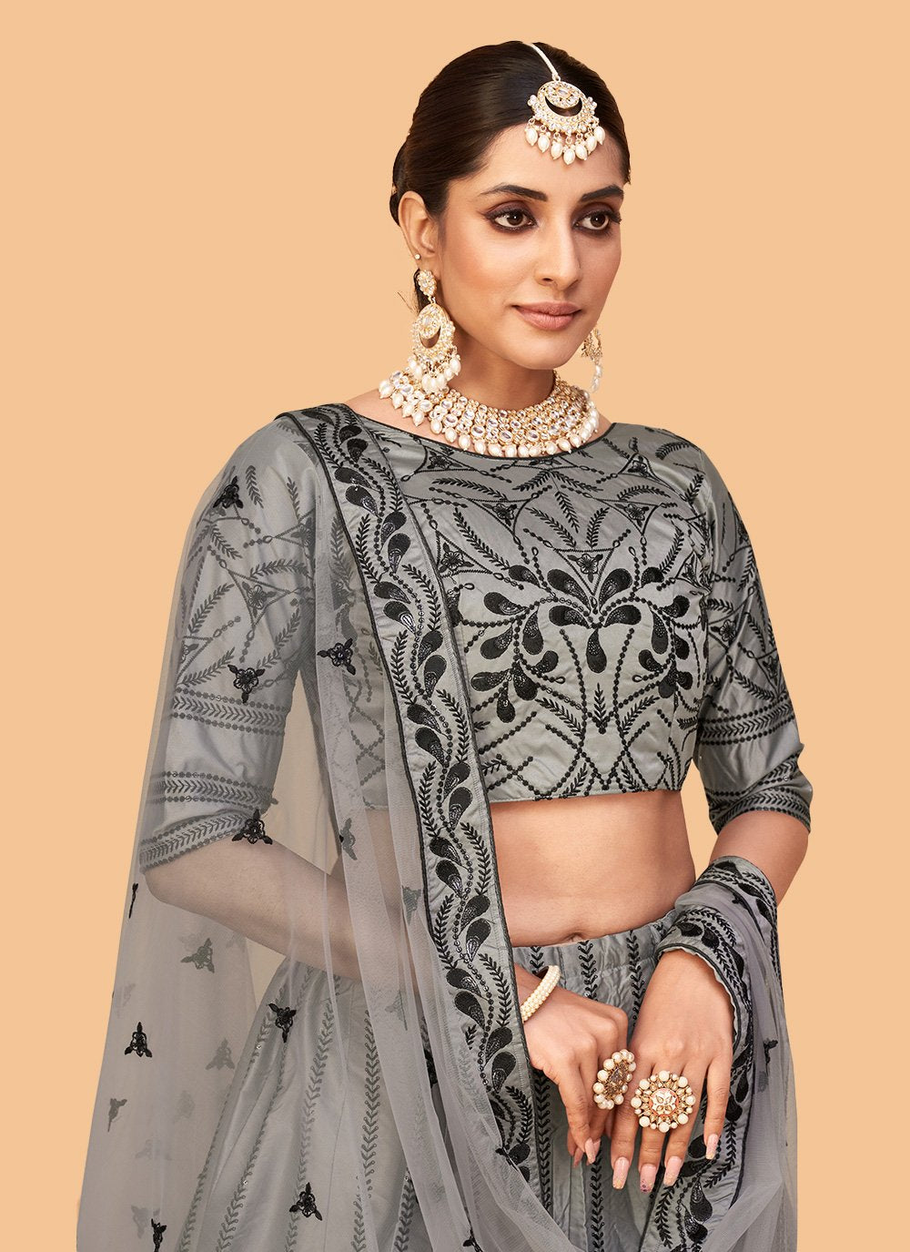 A Line Lehenga Silk Grey Embroidered Lehenga Choli