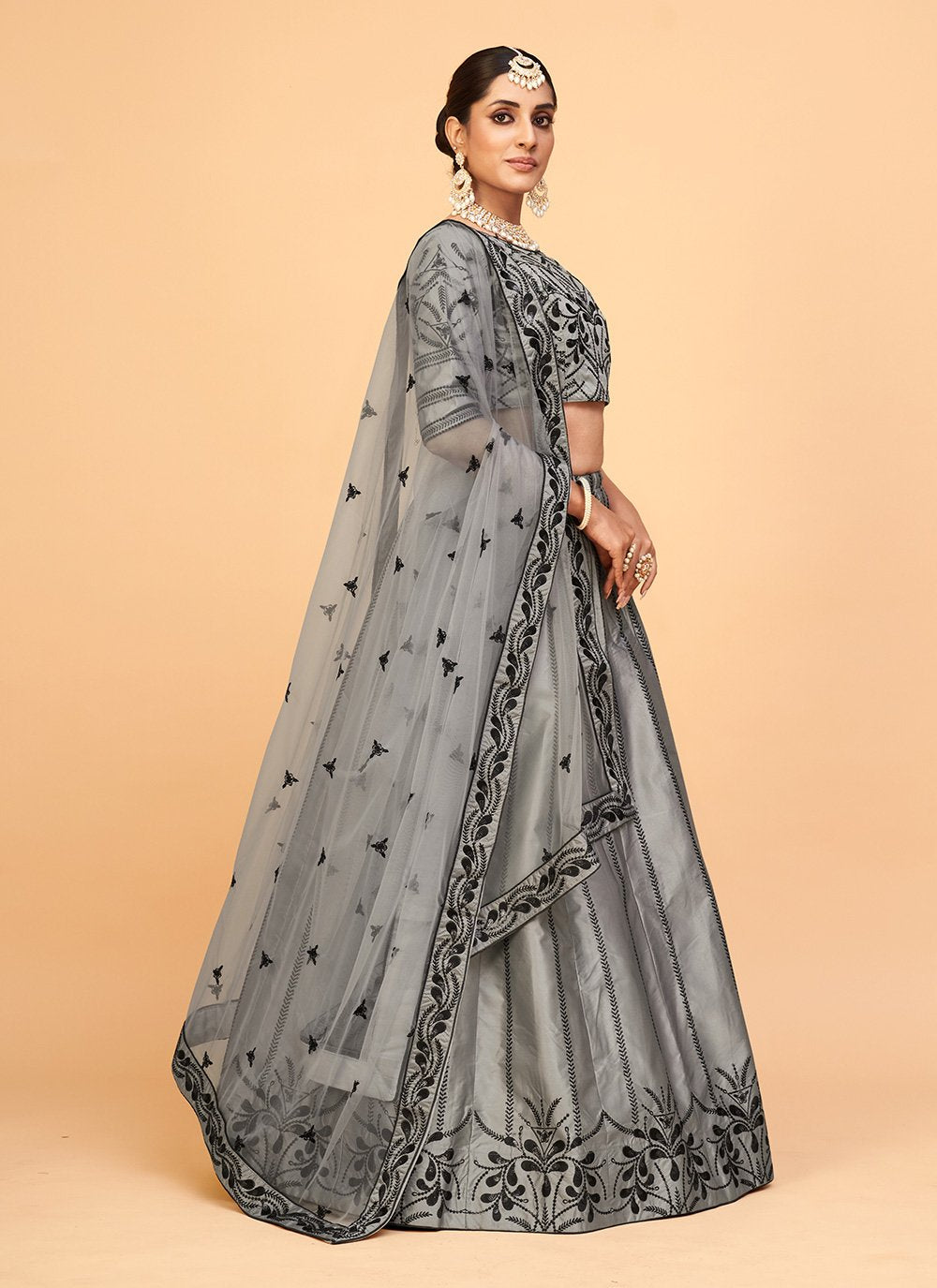 A Line Lehenga Silk Grey Embroidered Lehenga Choli