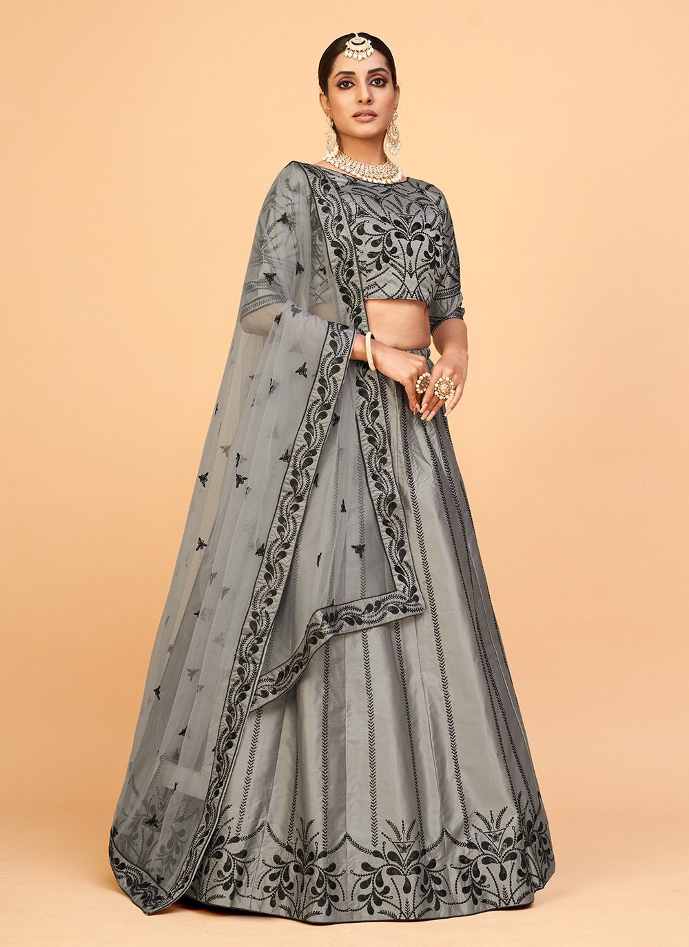 A Line Lehenga Silk Grey Embroidered Lehenga Choli