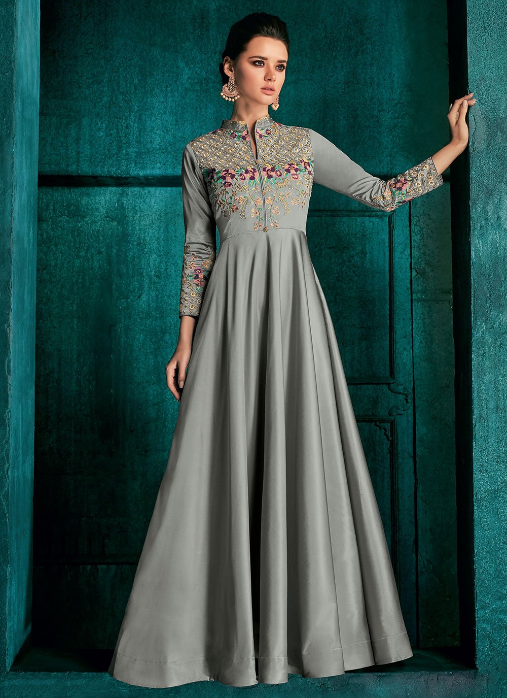 Gown Silk Grey Embroidered Gown