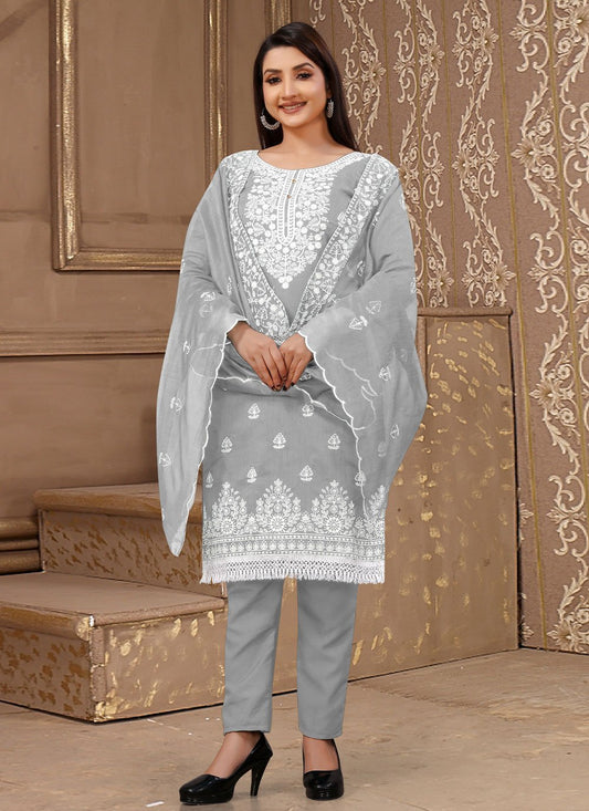 Straight Salwar Suit Chanderi Cotton Grey Embroidered Salwar Kameez