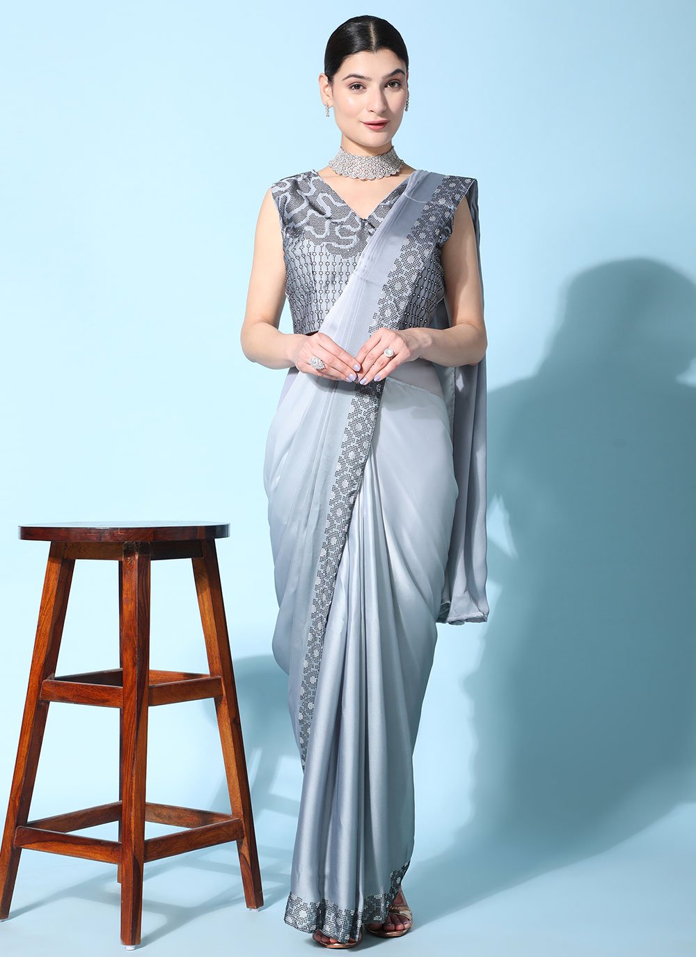 Classic Georgette Satin Grey Patch Border Saree