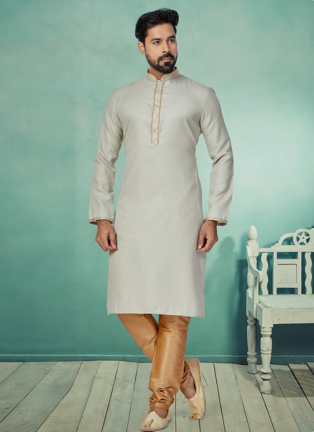 Kurta Pyjama Cotton Grey Plain Mens