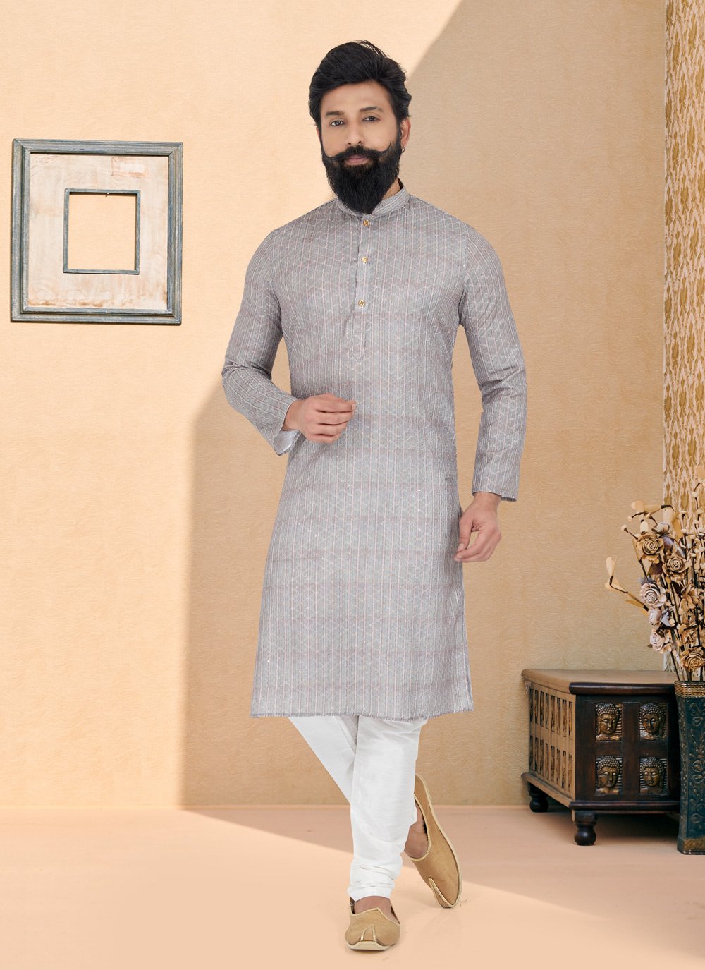 Kurta Pyjama Fancy Fabric Grey Digital Print Mens