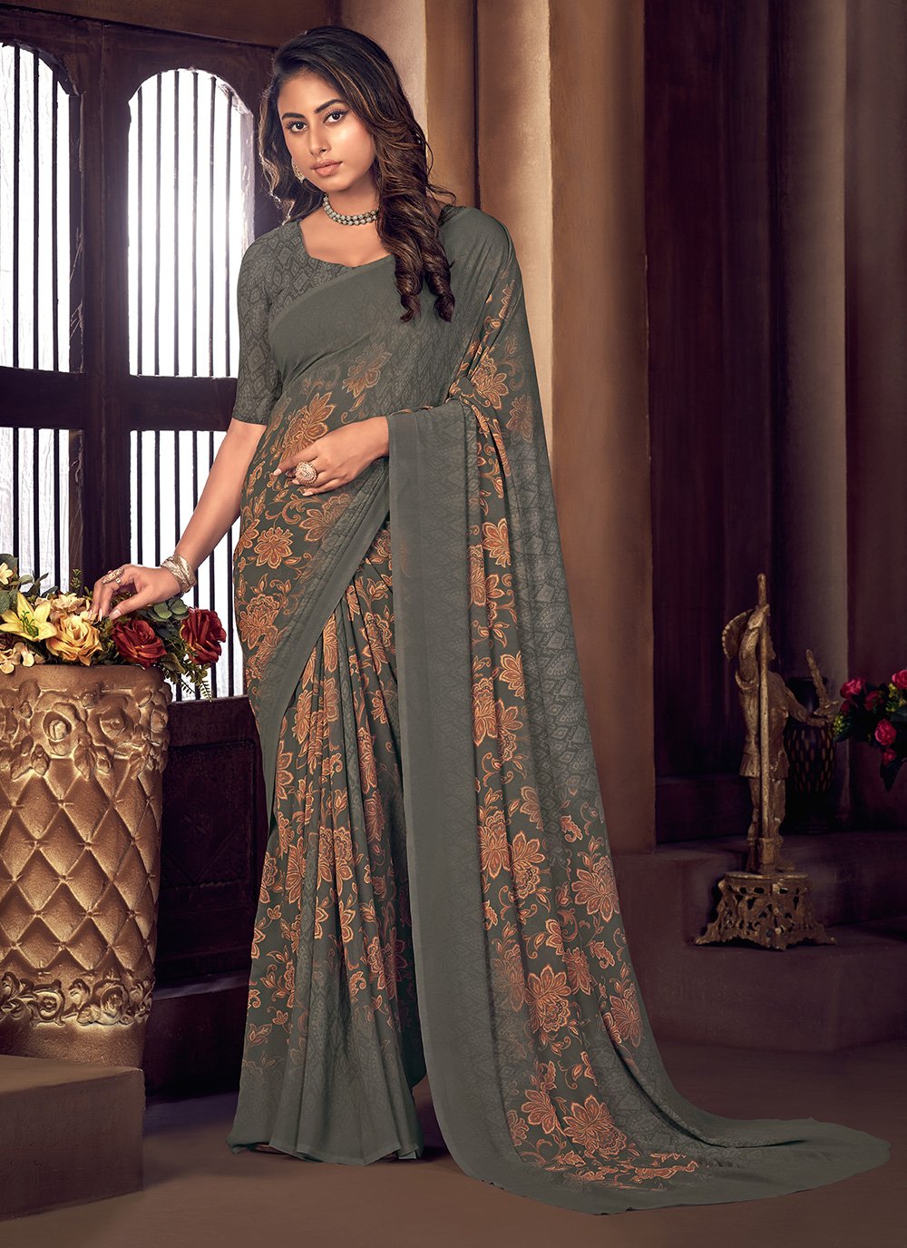 Trendy Saree Georgette Grey Print Saree