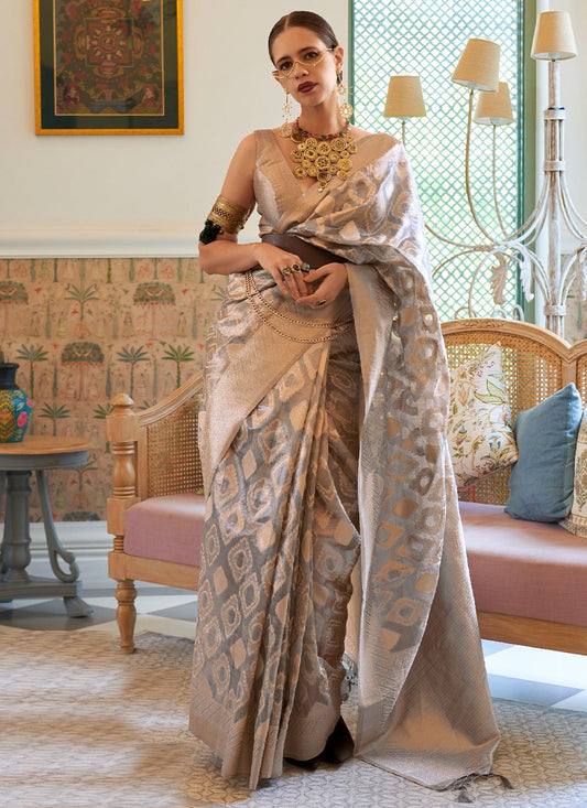 Contemporary Handloom Silk Tissue Grey Multi Saree