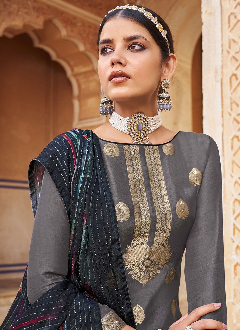 Palazzo Salwar Suit Jacquard Pure Dola Grey Diamond Salwar Kameez