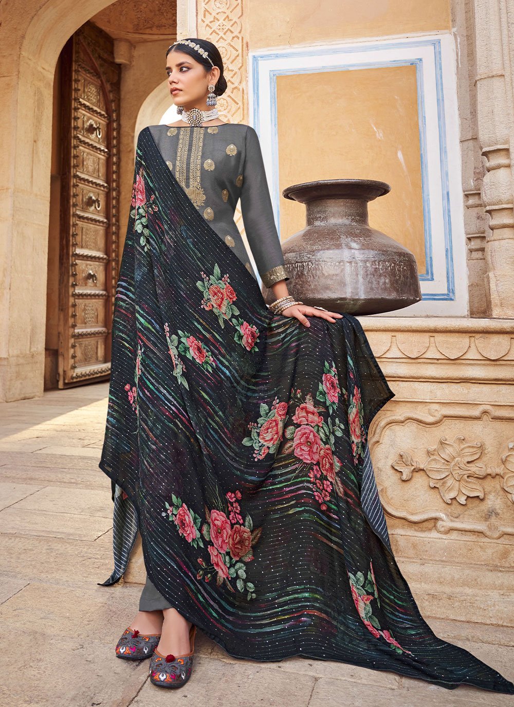 Palazzo Salwar Suit Jacquard Pure Dola Grey Diamond Salwar Kameez