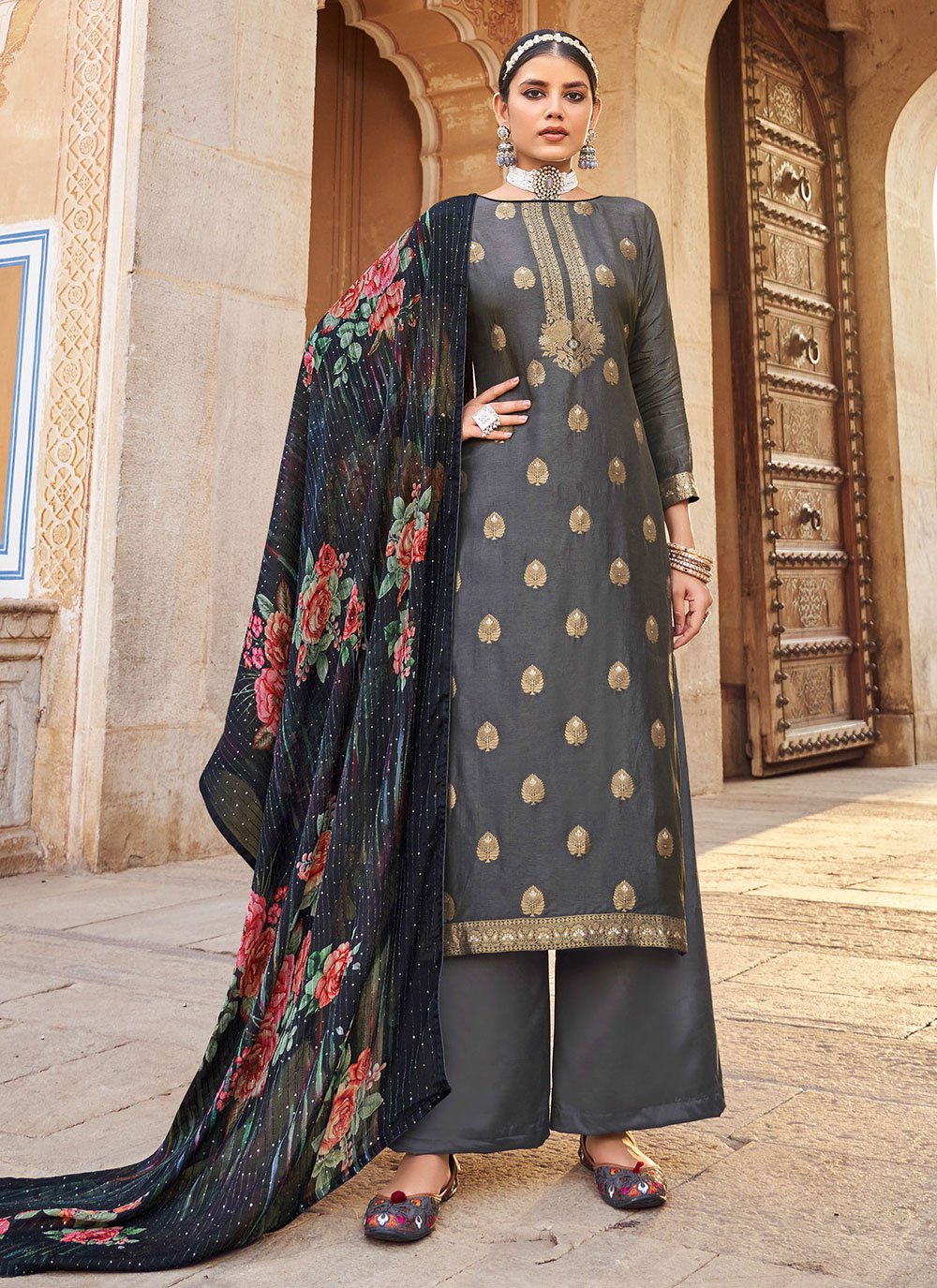 Palazzo Salwar Suit Jacquard Pure Dola Grey Diamond Salwar Kameez