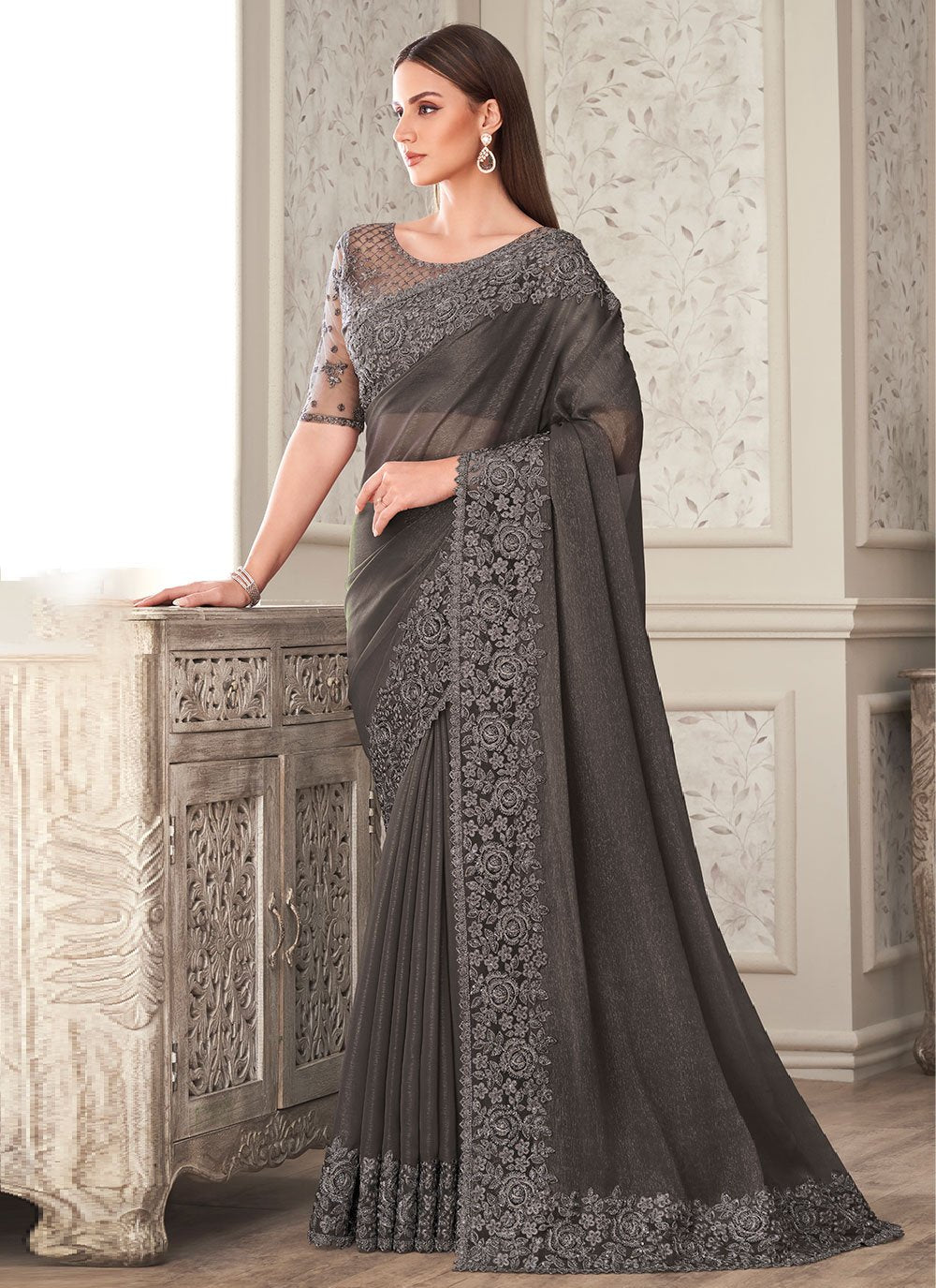 Classic Silk Grey Embroidered Saree