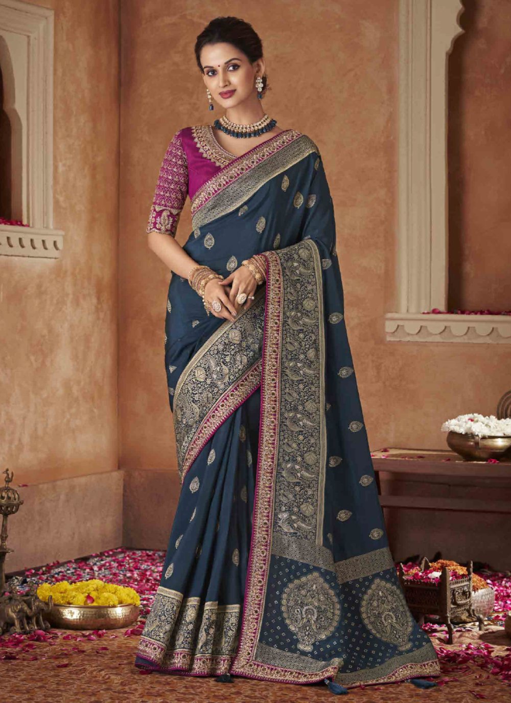 Classic Pure Dola Grey Patch Border Saree