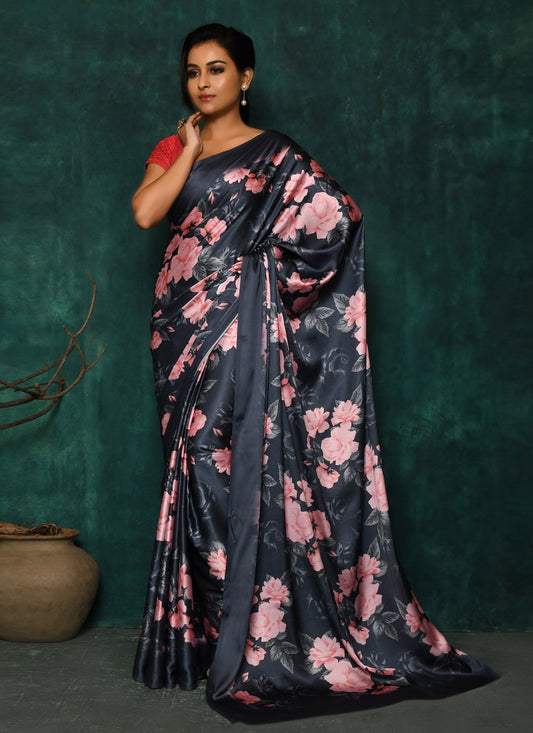 Designer Satin Grey Digital Print Saree