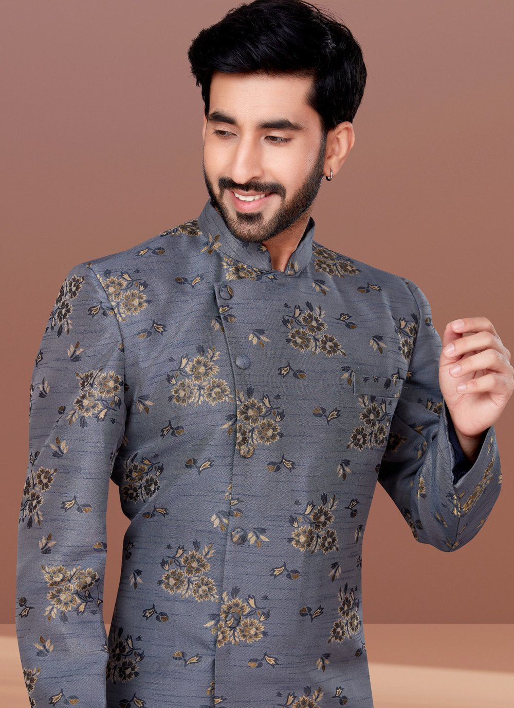 Indo Western Jacquard Grey Fancy Work Mens